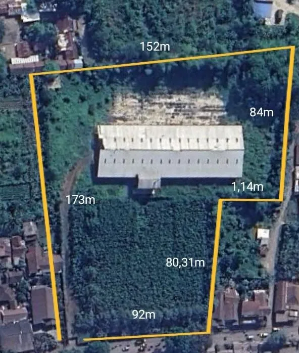印尼苏加武眉 Cikembar 20,630 平方米工业用地航拍图，黄色边界线标注 152 米、84 米、173 米、92 米、80.31 米各边尺寸
